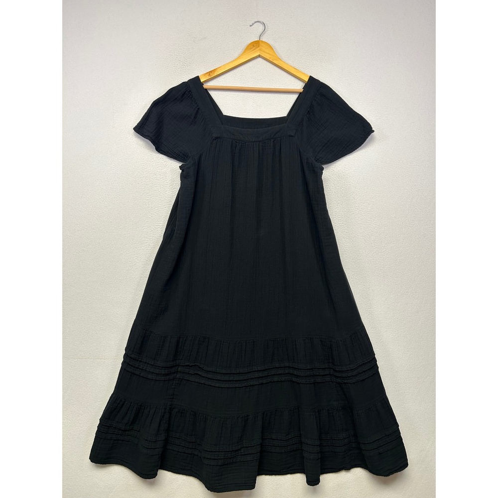 Boho Cottagecore Sonoma Womens XL Black Cotton Gauze Tiered Midi Dress Beachy
